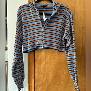 Kendall + Kylie Striped Zip Up Cropped Hoodie